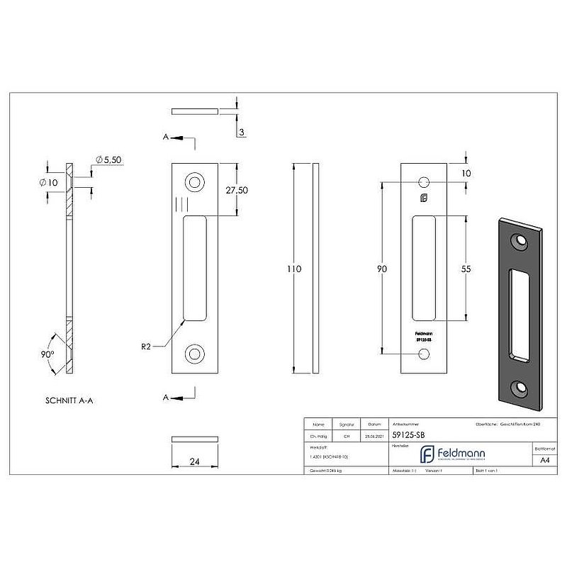 Strike plate suitable for swing door latch lock, AISI304