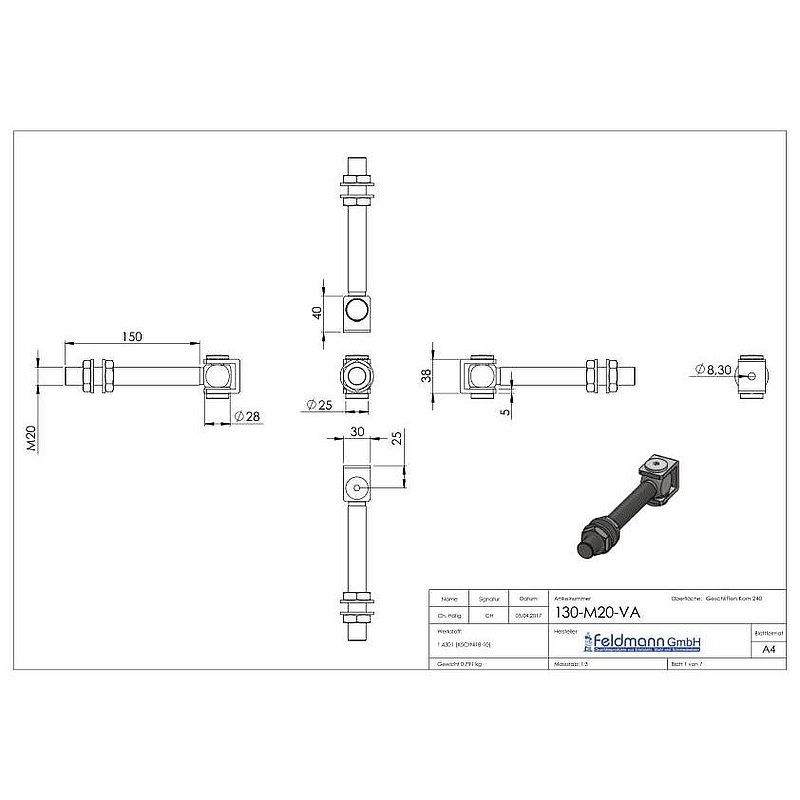 Torband M20 zum Anschweißen, langes Gewinde, V2A