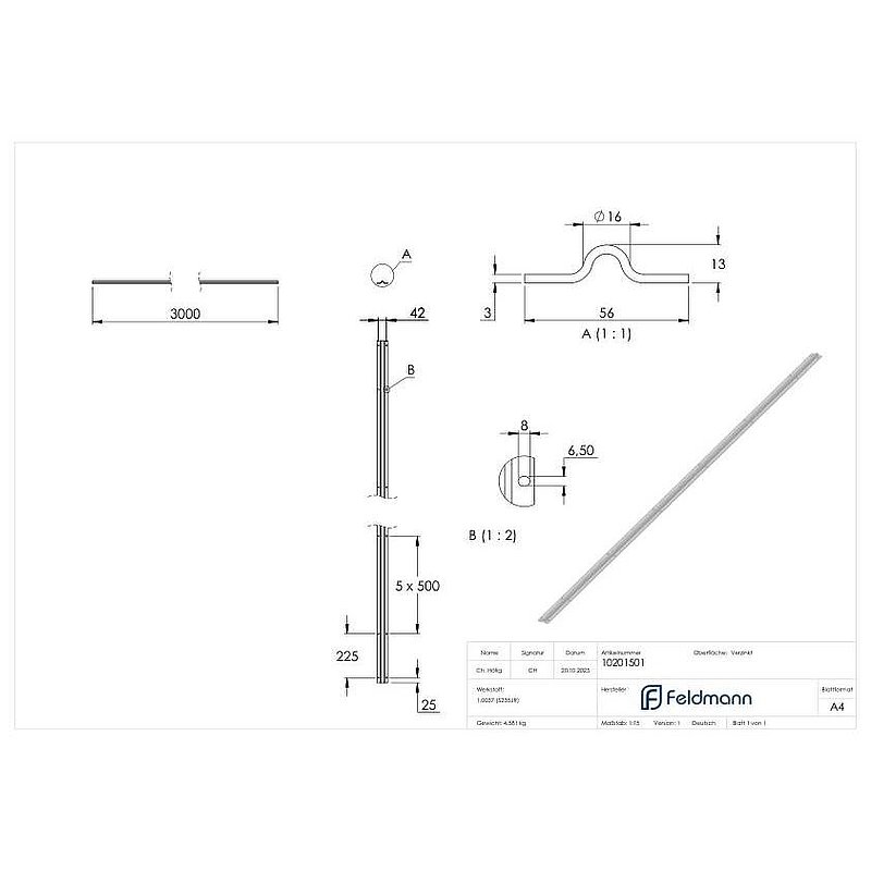 Laufschiene 16mm, L: 3000mm zum Aufschrauben