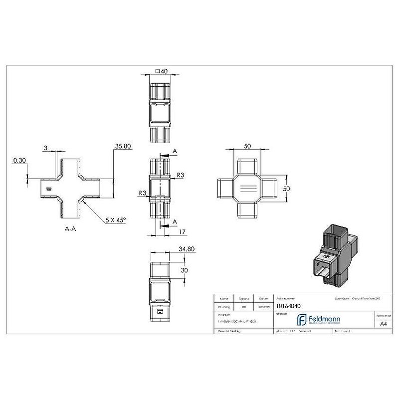 Connector for tube 40x40x2.00mm, AISI316