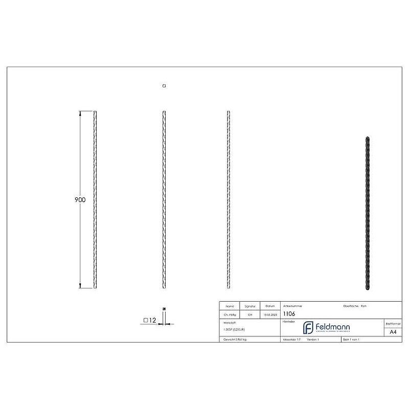 Zwischenstab 12x12mm, gehämmert, H: 900mm