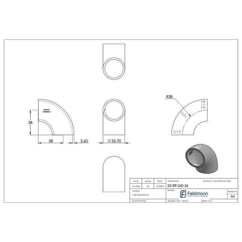 Schweißbogen 90°, 33,7x2,6mm, V2A