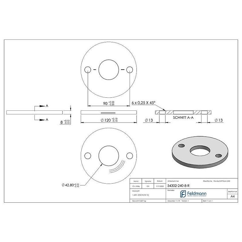Plaque d'ancrage Ø 120x8mm, avec ponçage circulaire, V2A