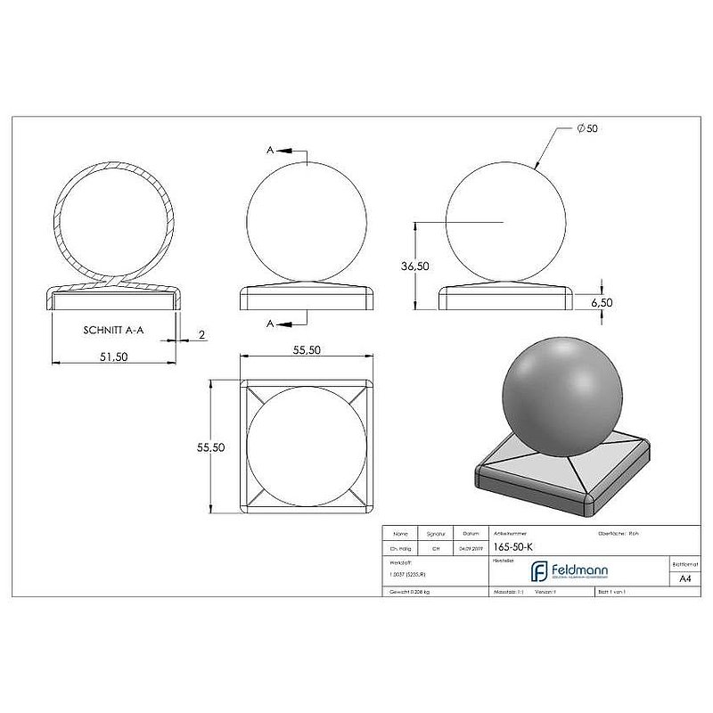 Pfeilerbedecker 50x50mm mit Hohlkugel Ø 50mm