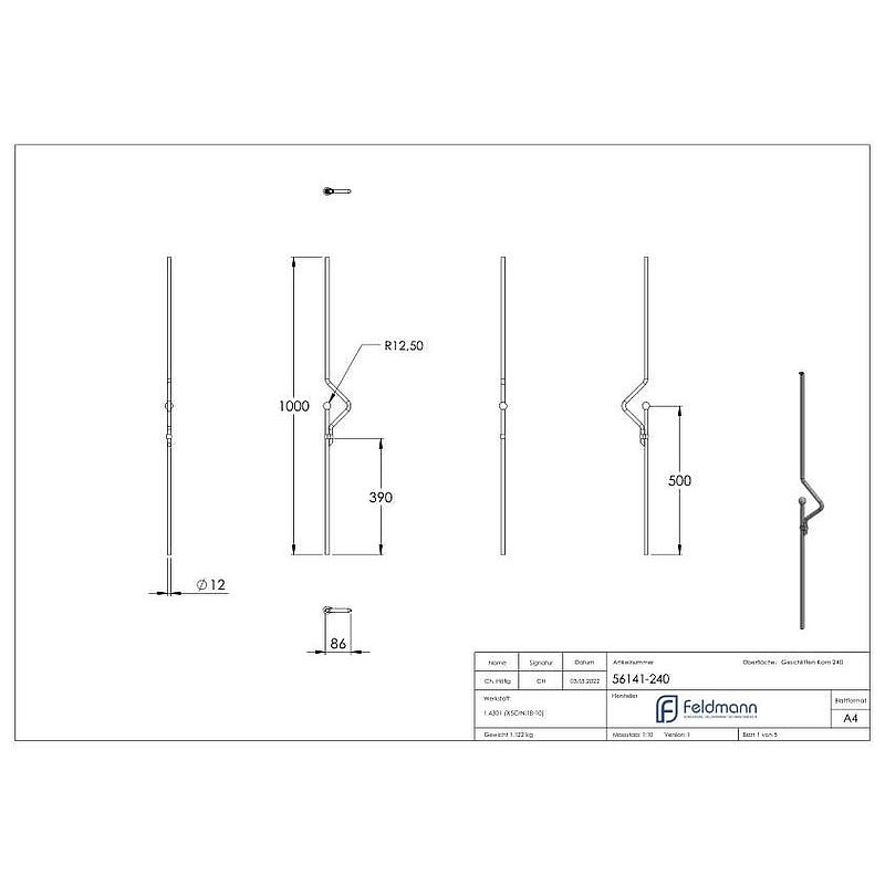 Zierstab aus Ø 12mm mit Kugel Ø 25mm, H: 1000mm, V2A