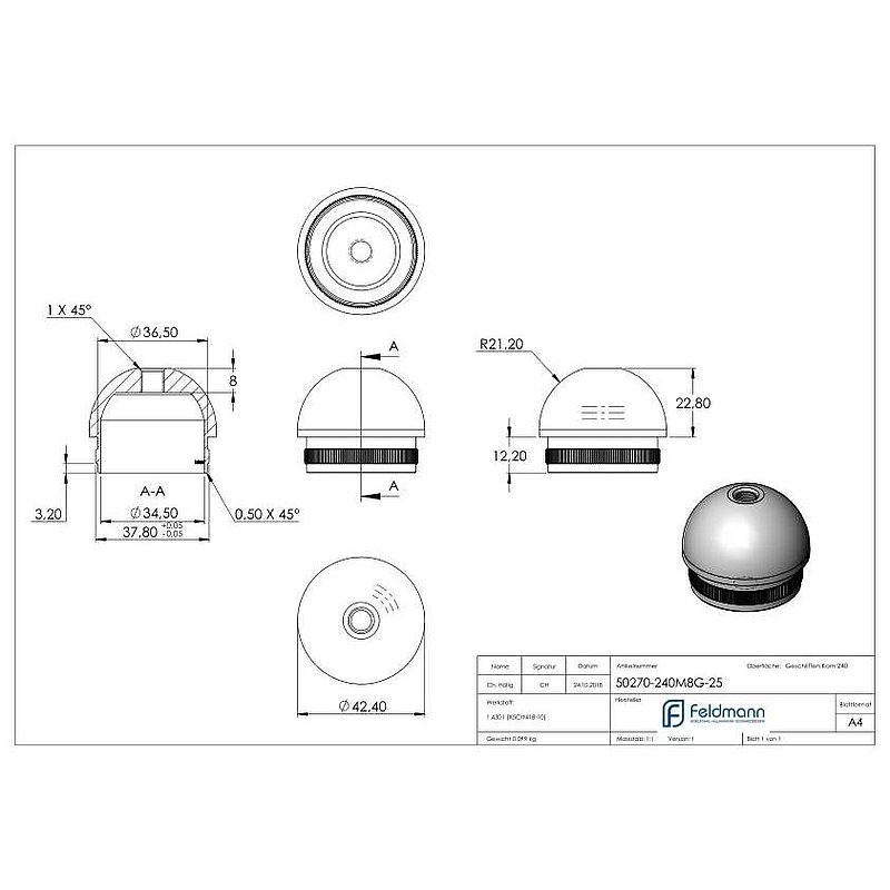 Bouchon pour extrémité de tube avec M8, pour tube 42,4x2,5mm, V2A