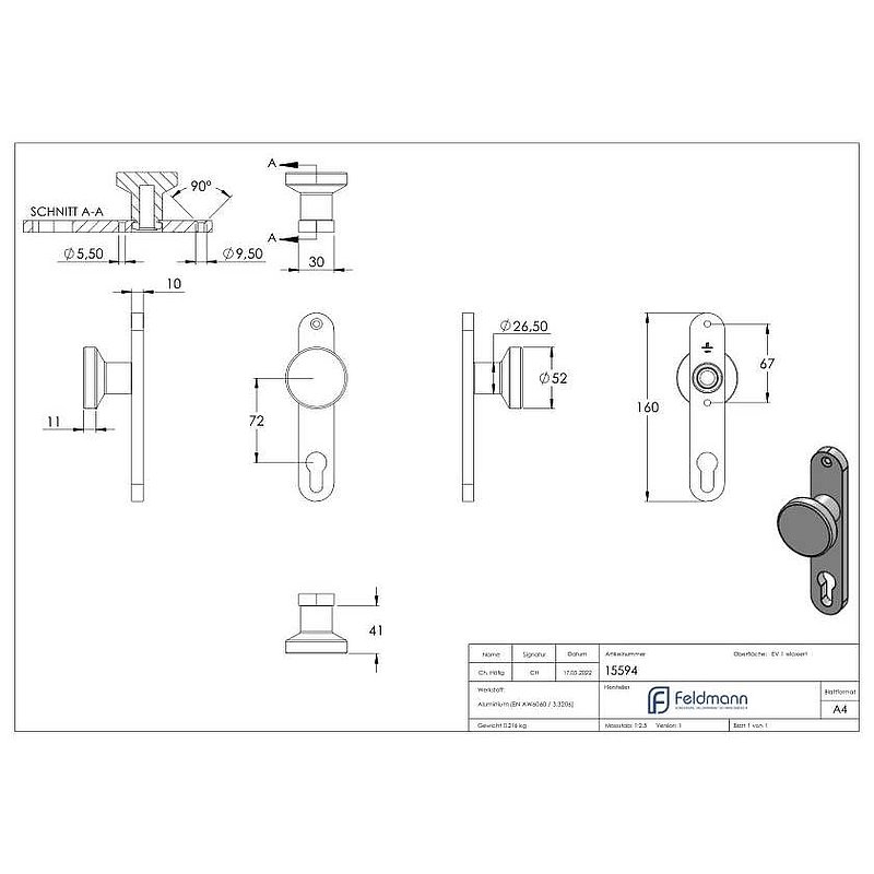 Bouton de porte droit, fixe