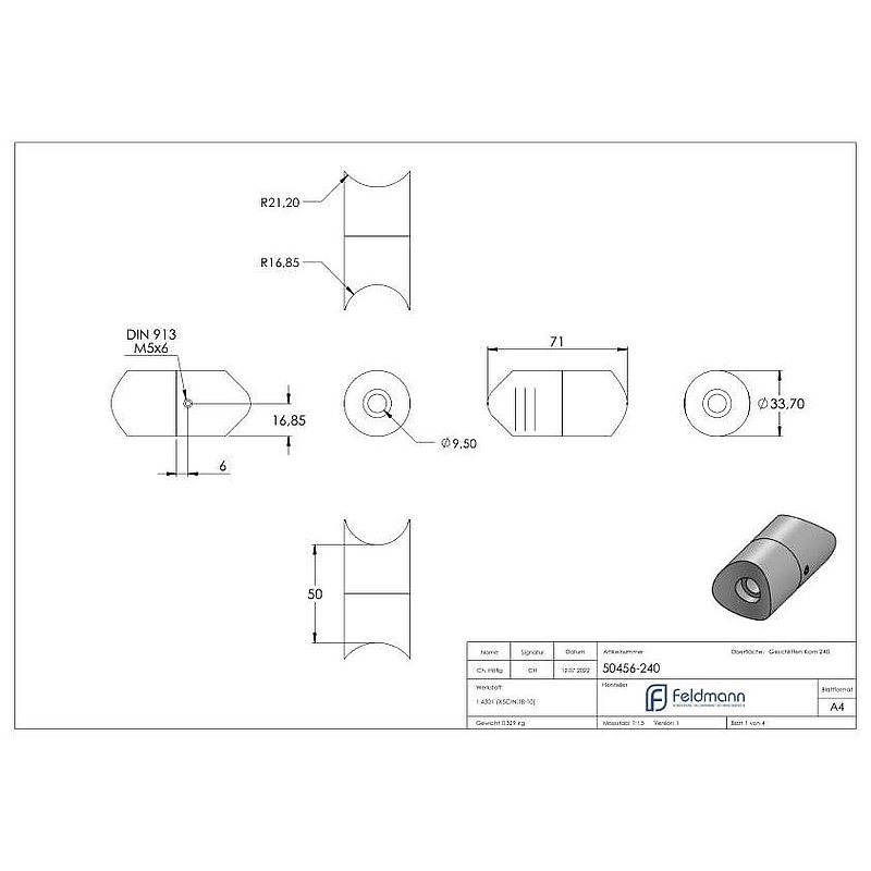Rohrverbindungsstück von 33,7 / 42,4mm, V2A