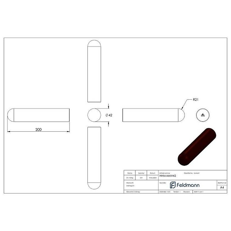 main courante en bois acajou Ø 42mm, longueur 200mm, laquée