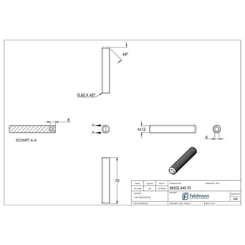 Grub screw M12x70, AISI304, DIN 913 / ISO 4026