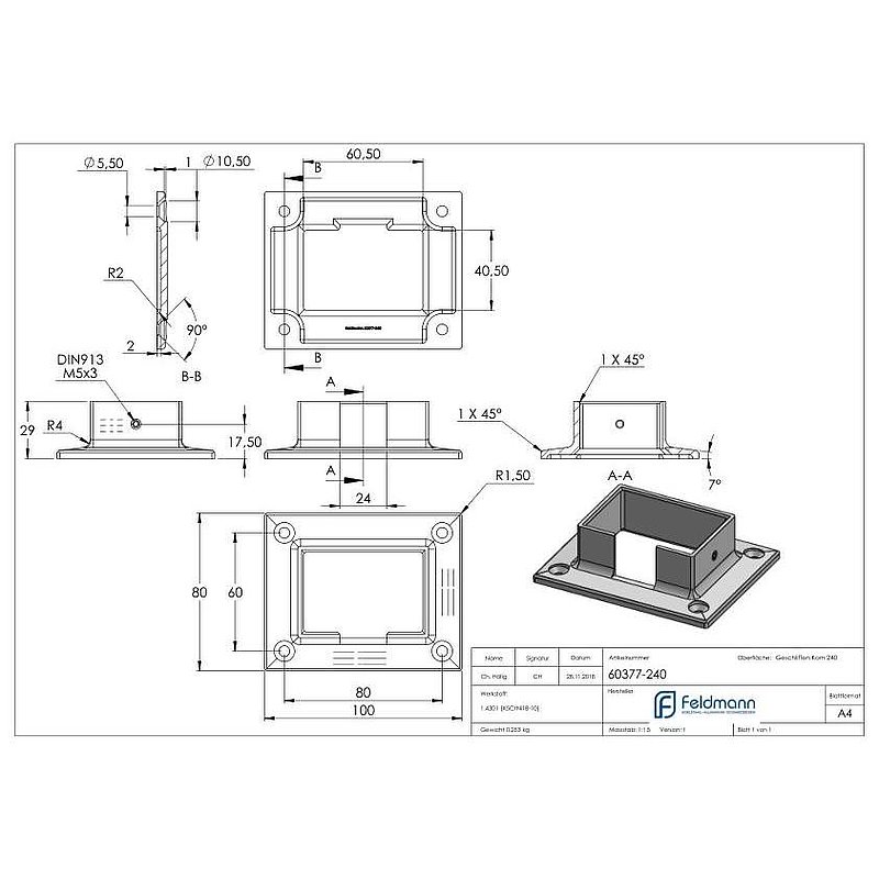 Wandbefestigung für Nutrohr 60x40mm, V2A