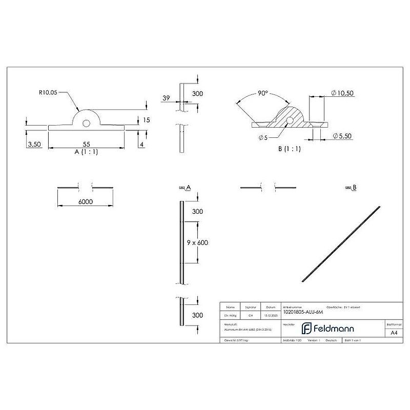 screw-on floor track with boreholes, Ø top: 19mm, L: 6m, aluminium