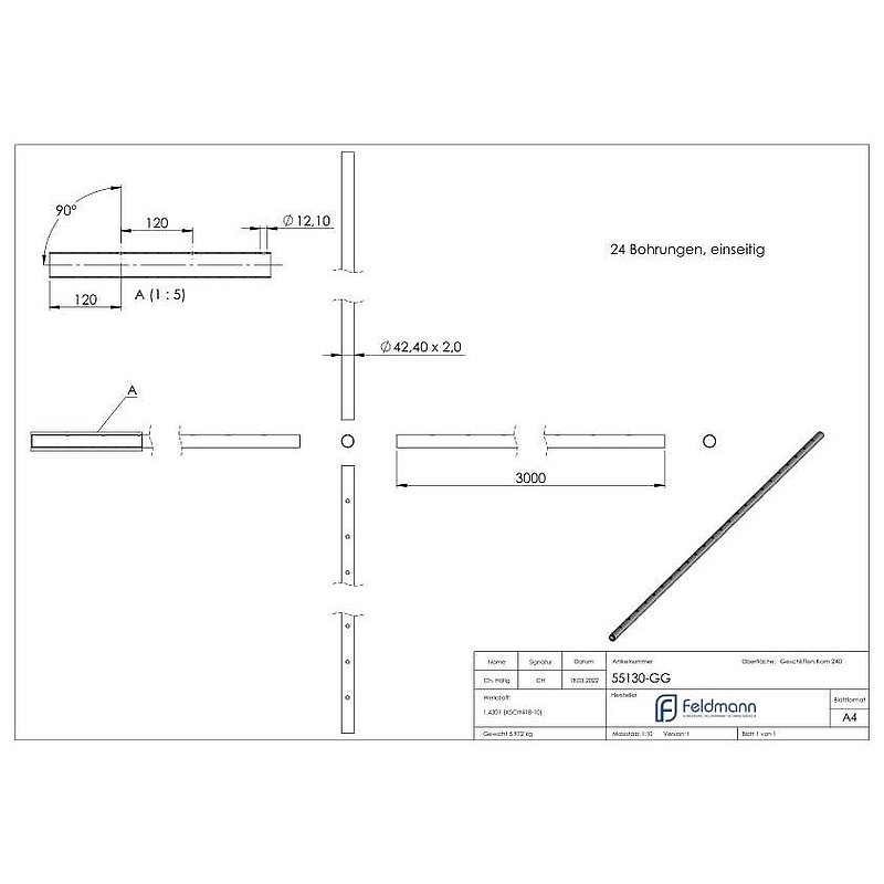 Edelstahlrohr ger. gelocht, 42,4x2,0mm, L: 3000mm, V2A