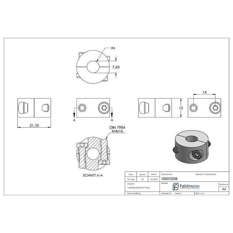 2-piece round clamp for rope Ø 8mm, AISI316