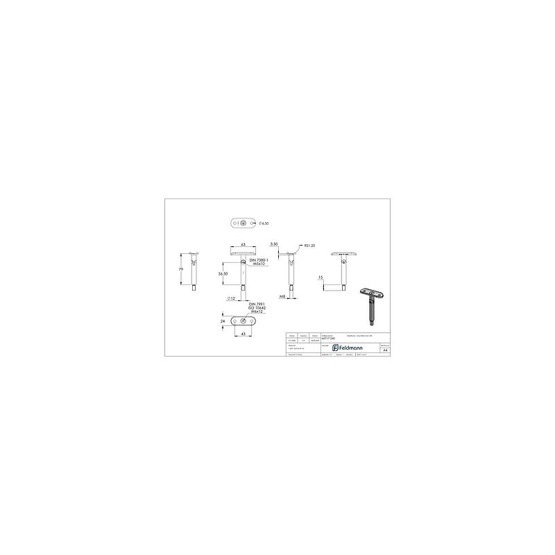 Gelenkstift Ø 12mm mit Handlaufanschlussplatte 42,4mm, V2A