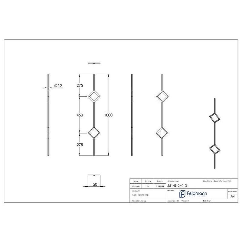Zierstab aus Ø 12mm, mit 2x Quadrat, H: 1000mm, V2A