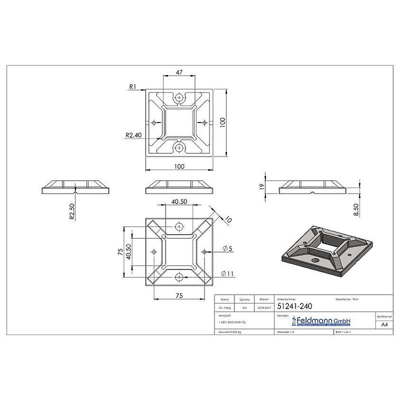 Wall and floor anchor, 100x100x8mm, AISI304