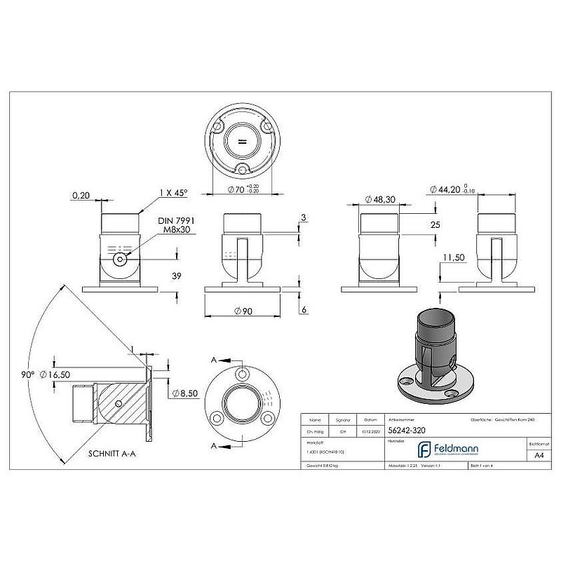 Fixation murale articulée, pour tube Ø 48,3x2,0mm, V2A