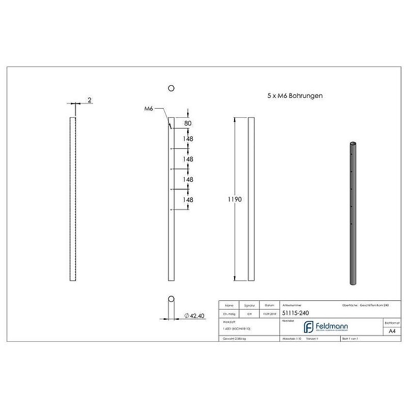 Edelstahlpfosten aus Rohr 42,4mmx2,0mm, V2A