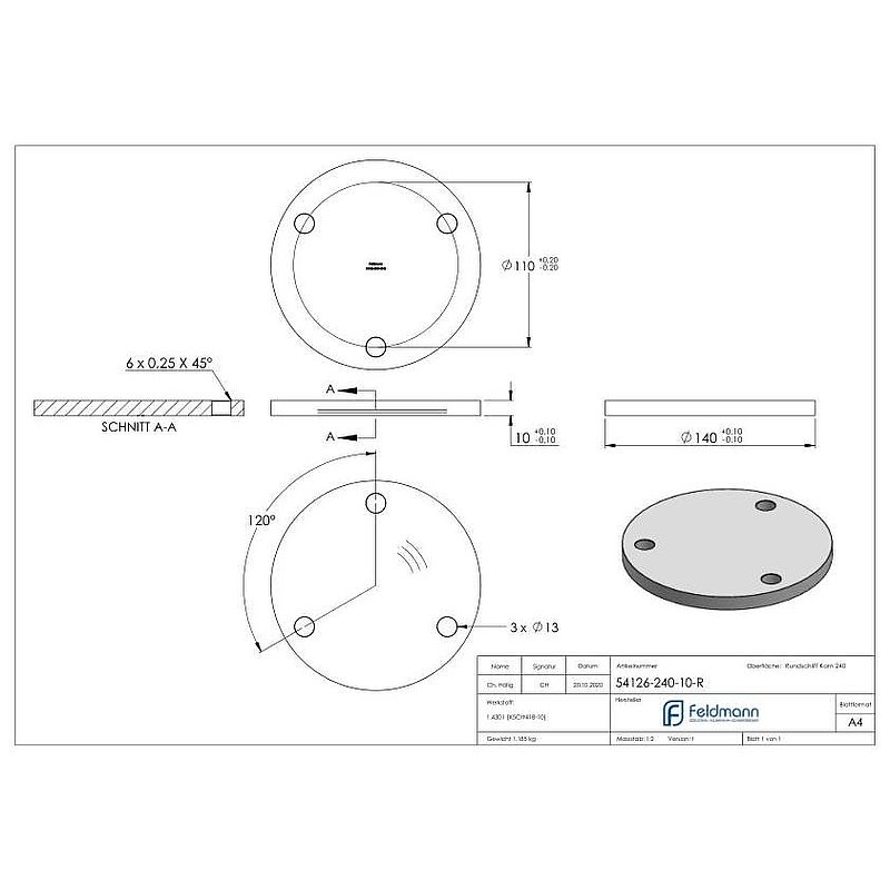 Anchor plate Ø 140x10mm, with round grinding, AISI304