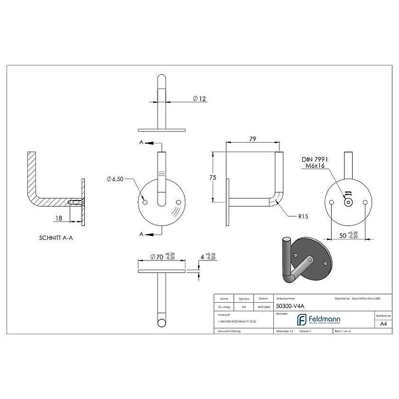Handrail bracket for welding (round plate and bracket screwed together), AISI316