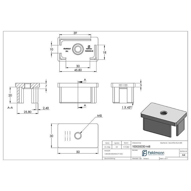 Push-in cap, for tube 50x30x2.0mm, AISI316
