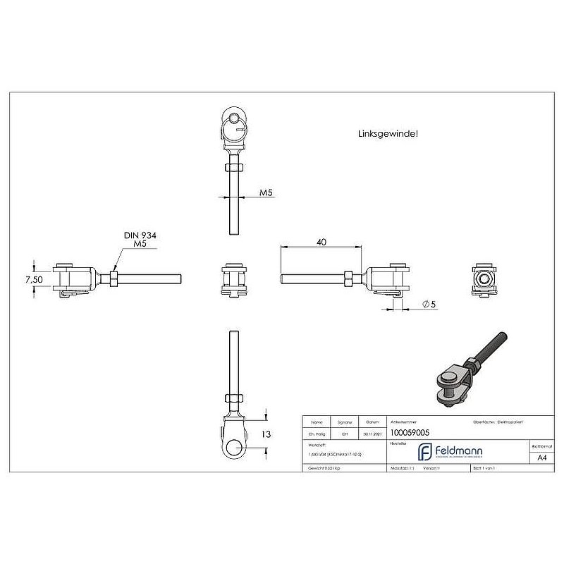 Fork terminal with external thread M5 left, AISI316
