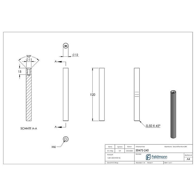 Stift Ø 12mm, L: 120mm, V2A