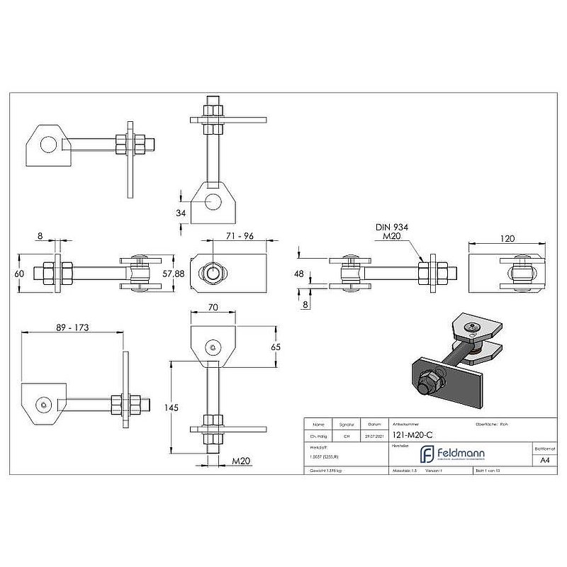 Door hinge M20, galvanised