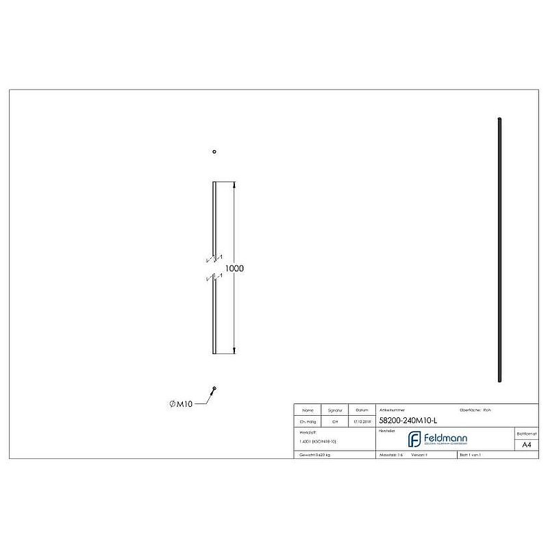 Tige filetée V2A L:1000mm, M10 filetage à gauche