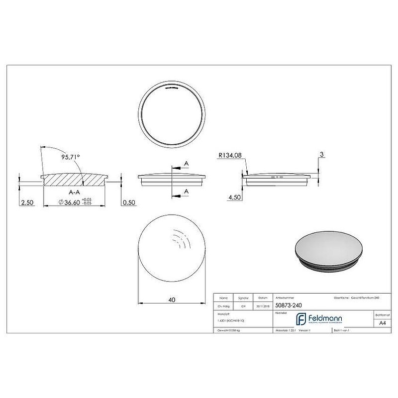 Rohrabschlussstopfen, für Rohr 40,0x2,0mm, V2A