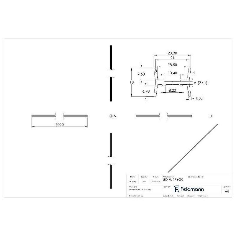 LED-Nutrohr LUNORA®, Aluminium Trägerprofil zum Wenden, für Rund-Nutrohr 42,4mm,  L: 6000mm