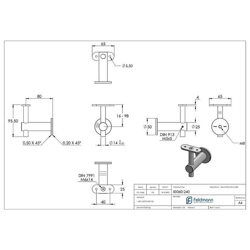 Handlaufhalter mit Handlaufanschlussplatte flach, V2A