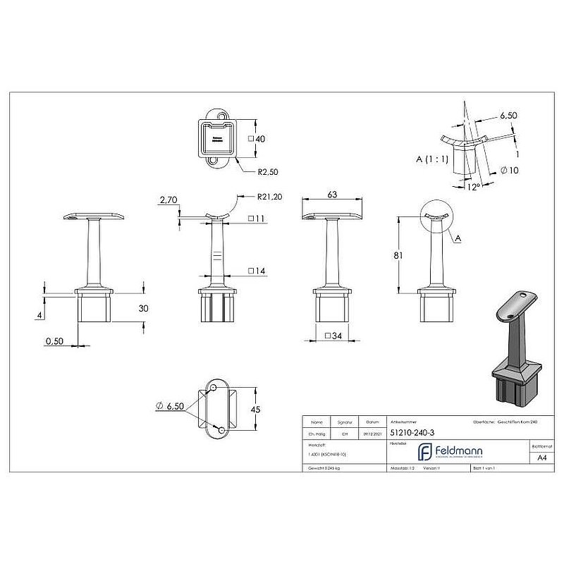 Tube end plug with pin for tube 40x40x3mm, AISI304