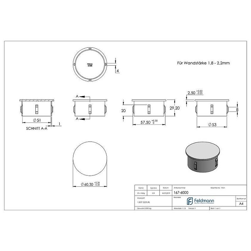 Bouchon en acier, pour tube 60,3mm