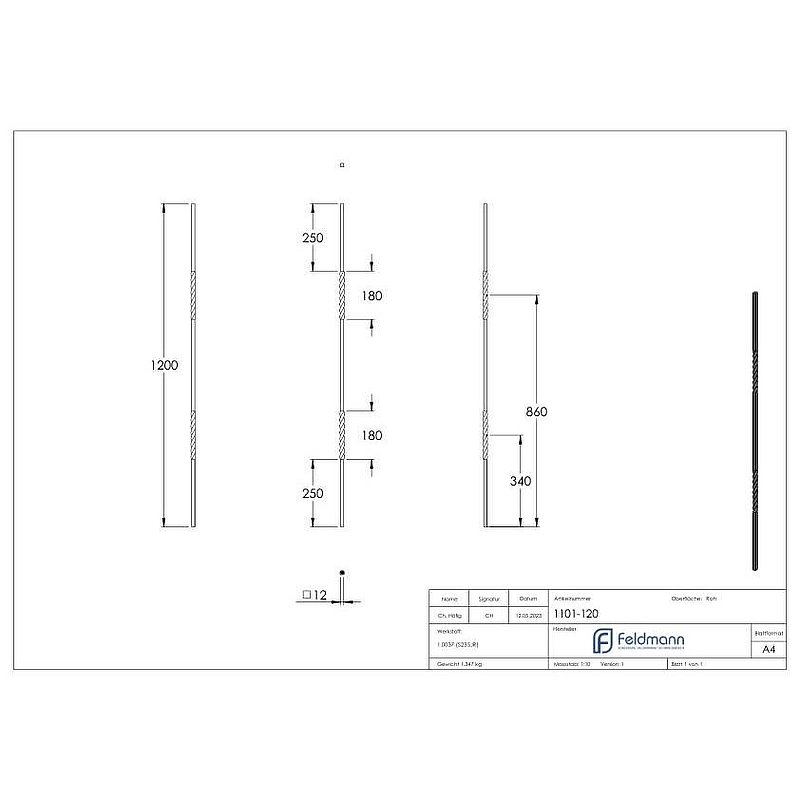 Zwischenstab 12x12mm 2x gedreht, H: 1200mm