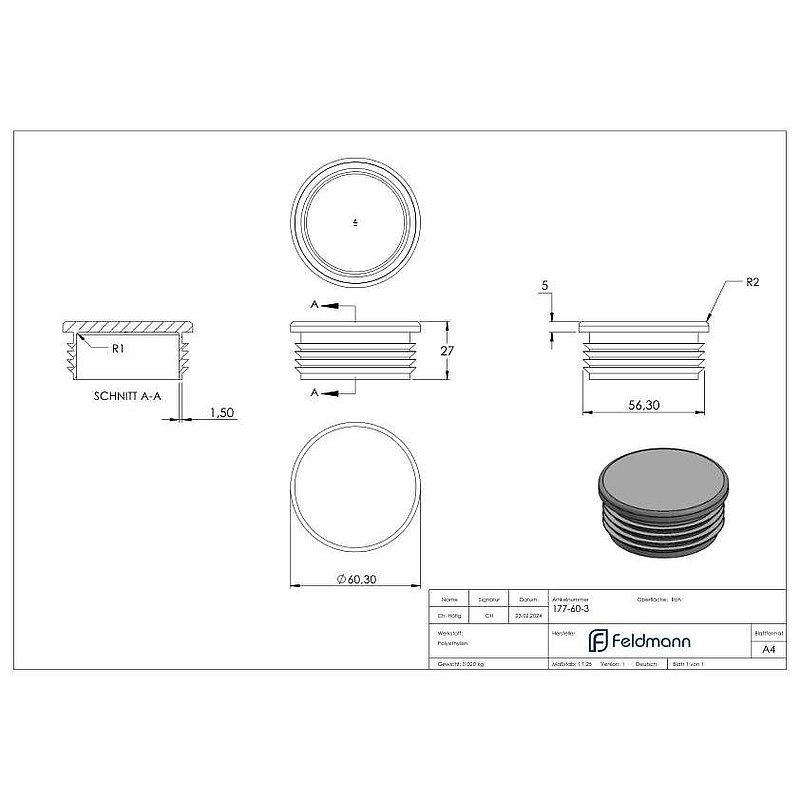 Kunststoffkappe für Rundrohr 60,3mm