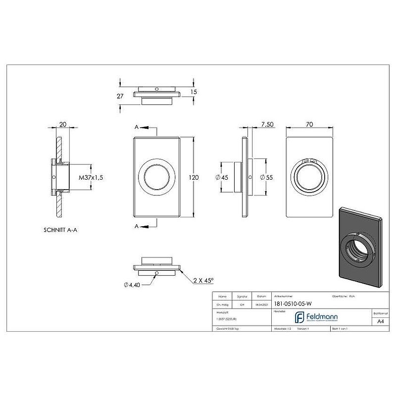 Montageplatte eckig 70x120mm