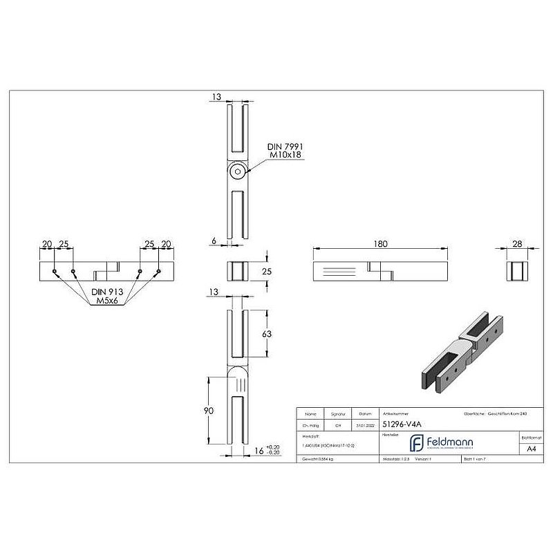Glass connector, for glass 12 - 12.76mm, adjustable, AISI316