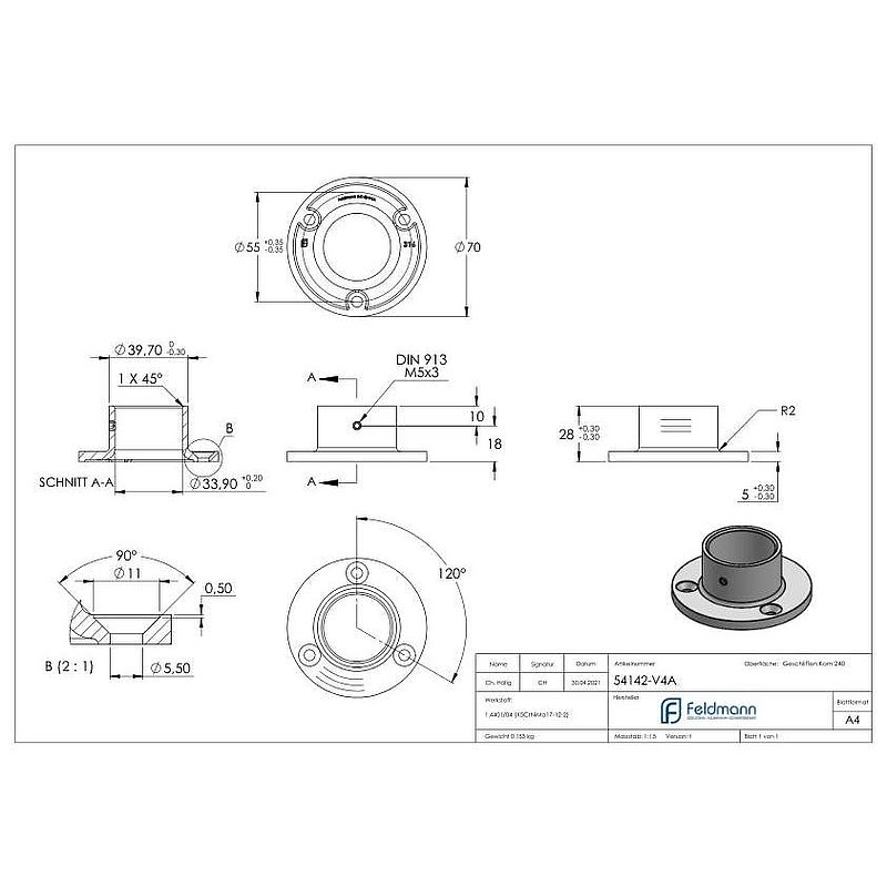 Wall and floor anchor, for tube 33.7 mm, AISI316