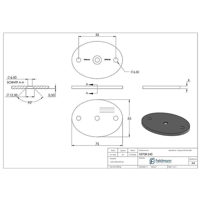 Oval disc, 75x55x4mm, with longitudinal grinding, AISI304