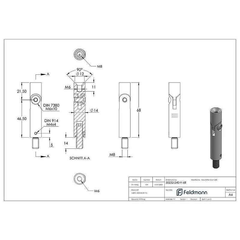 Gelenkstift Ø 14mm, L: 68mm, V2A