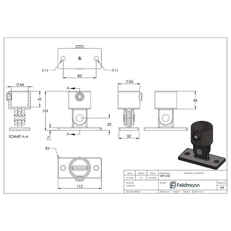 Wall bracket with 2 holes, for pipe Ø 42.4mm