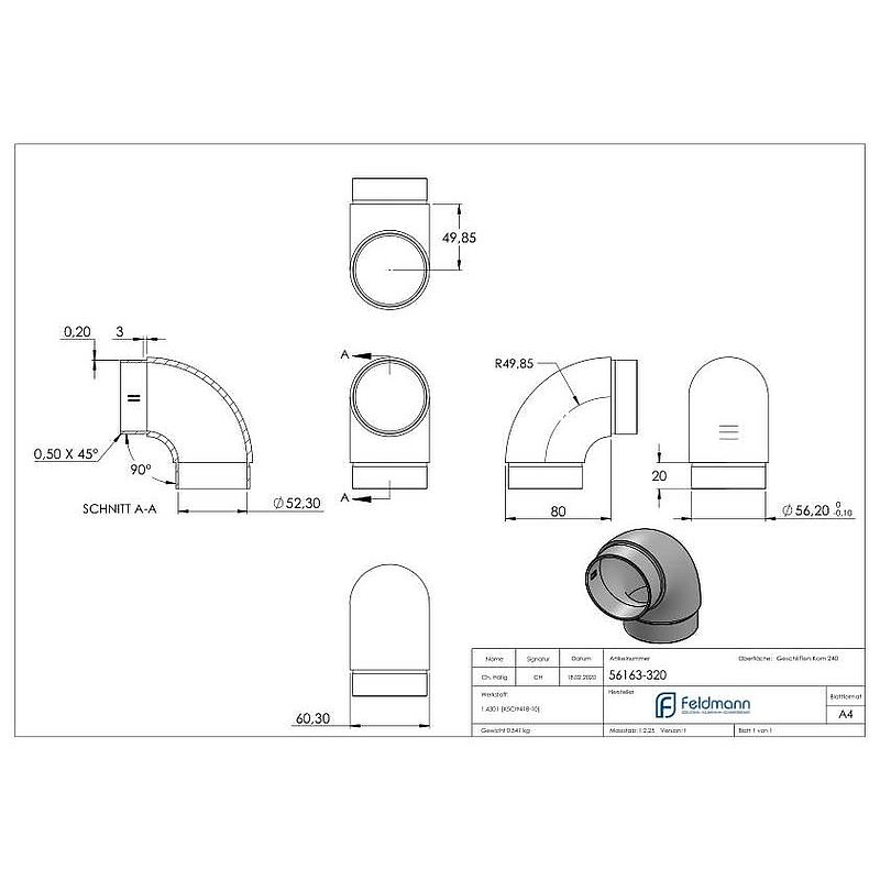 Tube coudé à 90°, pour tube Ø 60,3x2,0mm, V2A
