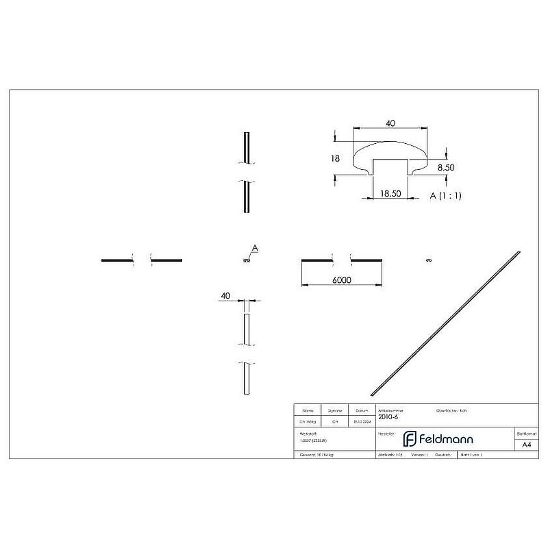 handrail 40x18mm with groove 18x8mm length 6m