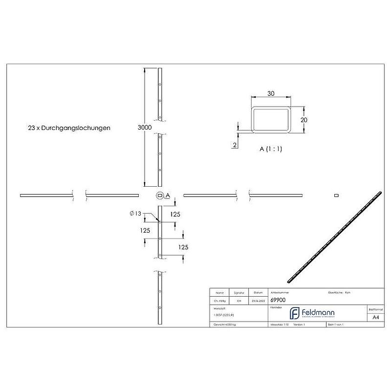 Rechteckrohr 30x20x2mm, Löcher für Ø 12mm mit Abstand Mitte-Mitte 125mm, L: 3000mm