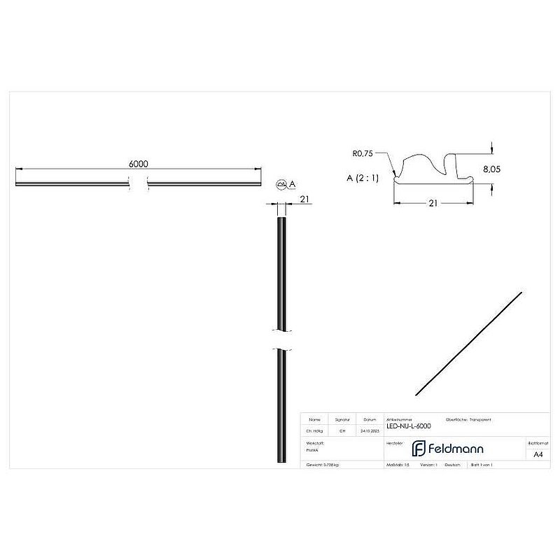 LED groove tube LUNORA: Lens for directional light distribution, for insertion into cover, L: 6000mm