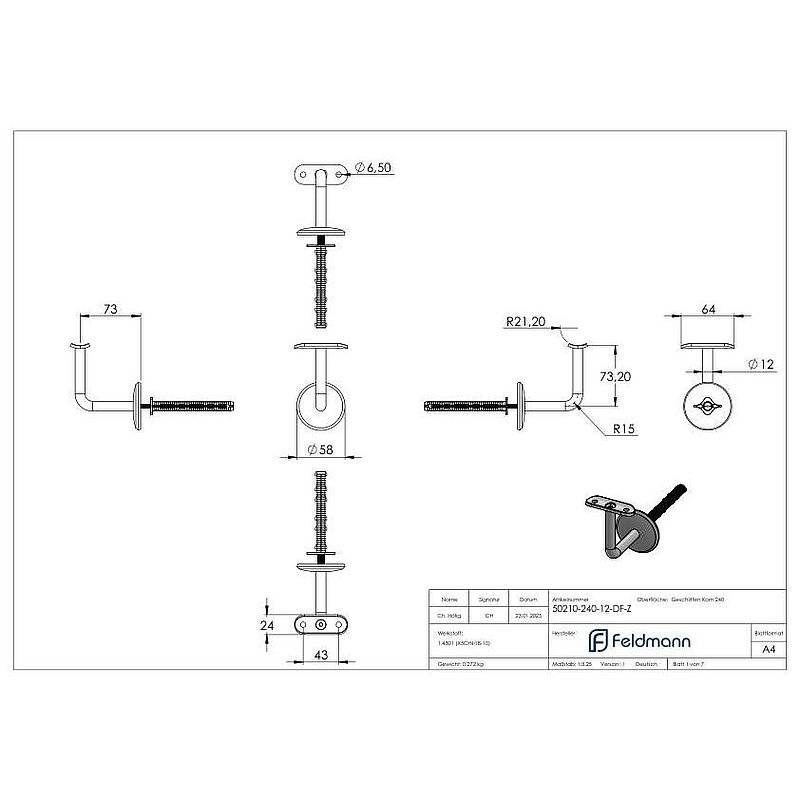 Handlaufhalter, Drehfix-System, V2A