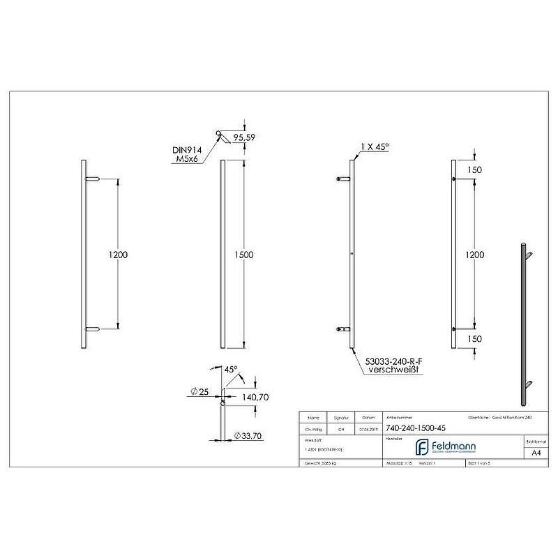 Stoßgriff inkl. Halter mit 45° Schräge 45° mit L: 1500mm, V2A
