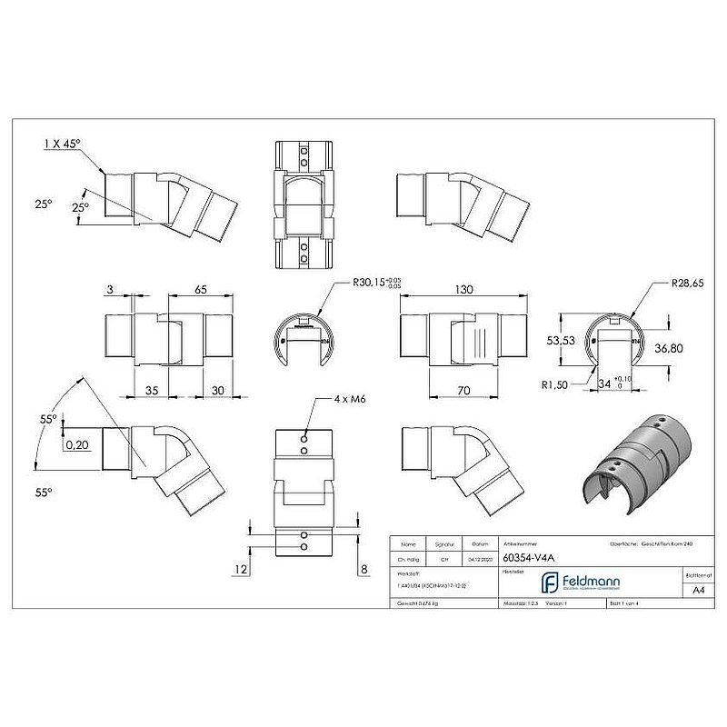 Raccord articulé pour tube à fond de gorge Ø 60,3x1,5mm, V4A